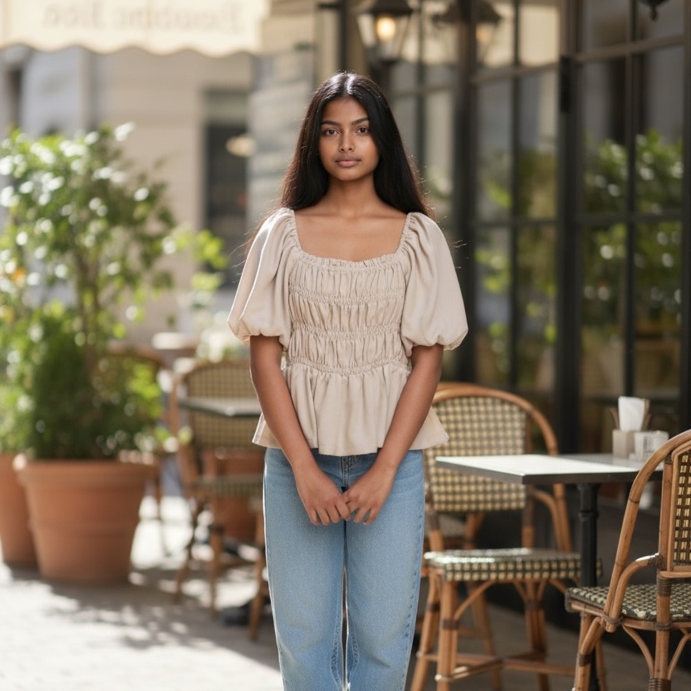 Ro & De Cream Gathered Puff Sleeve Blouse
